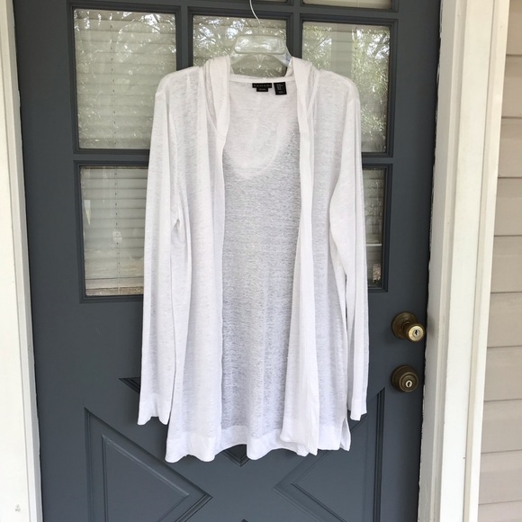 Tahari 100% Linen Ivory Open Front Topper Jacket with Hood Hoodie Size XL - Picture 6 of 9